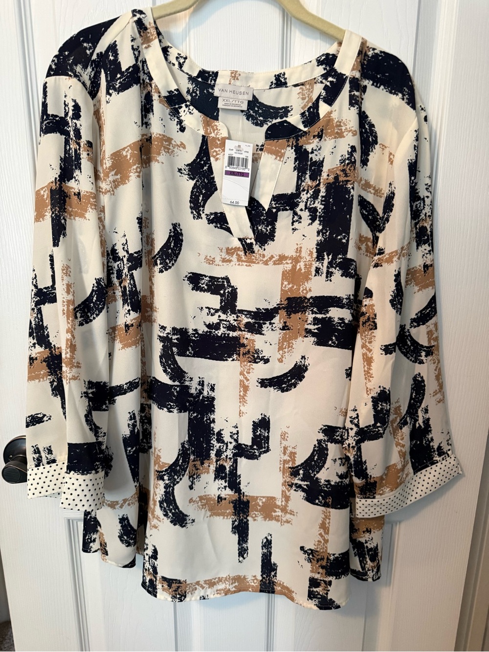 Van Heusen Cream Blouse with Black and Brown Abstract Print